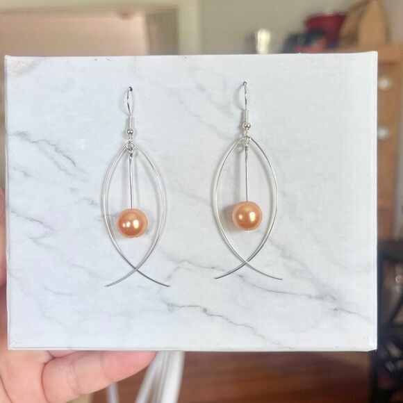 Silver Fish Earrings with Hanging Apricot Faux Pearl Bead - Picture 3 of 3